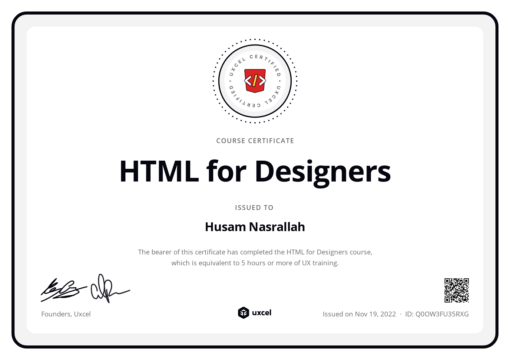 Husam Nasrallah's certificate